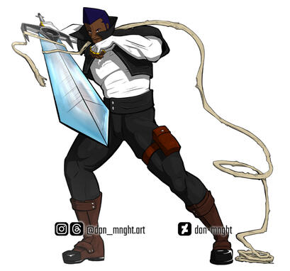 One full body character with line art and cell shading, action pose, flat background. 50$